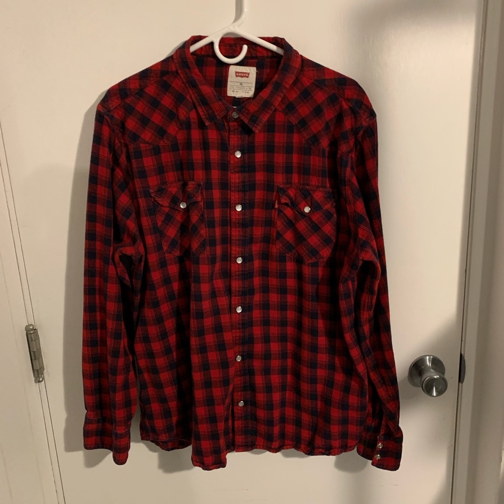Levi's Men's Pearl Snap Button 2XL XXL  Red Plaid Flannel Western  Long Sleeve